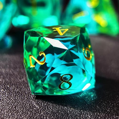 HAOMEJA Colorful Polyhedral Resin Dice Set, Hand-Cut Diamond Facet Optical Dice | Perfect for RPG, Tabletop & Board Games | Halloween, Christmas & Birthday Gift (Blue White Green) - color: 4 Blue White Green