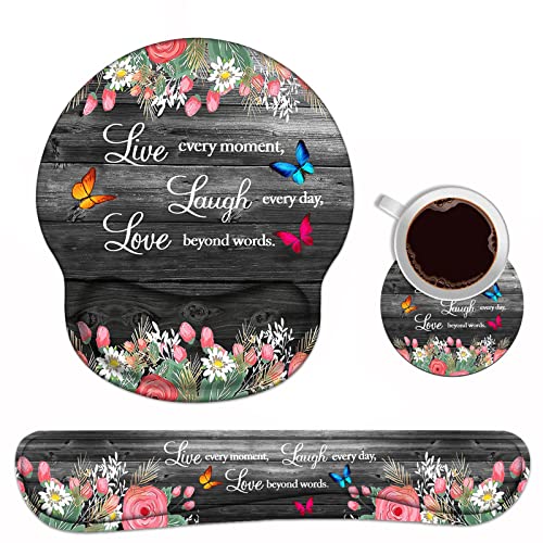 Keyboard Wrist Rest and Mouse Pad Wrist Support Set with Coasters, Ergonomic Gaming Mousepad Non-Slip PU Base for Home Office Working Studying Easy Typing & Pain Relief, Floral Quote Live Laugh Love - color: Floral Quote Live Laugh Love
