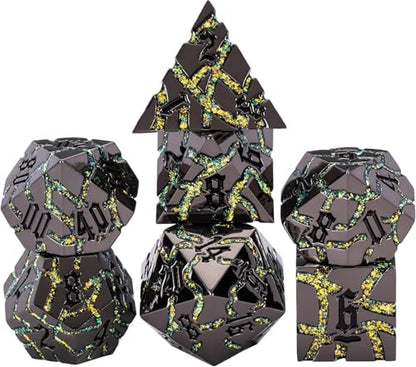 Cracked Rune Metal Dice Set for DND & RPG – Dark Fantasy Fractured Design, Premium Heavy Metal Polyhedral Dice with Deep Engraved Numbers, 7-Piece Set – Green Mystic Vein - color: Black Nickel Yellow