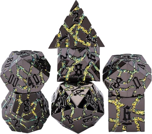 Cracked Rune Metal Dice Set for DND & RPG – Dark Fantasy Fractured Design, Premium Heavy Metal Polyhedral Dice with Deep Engraved Numbers, 7-Piece Set – Green Mystic Vein - color: Black Nickel Yellow