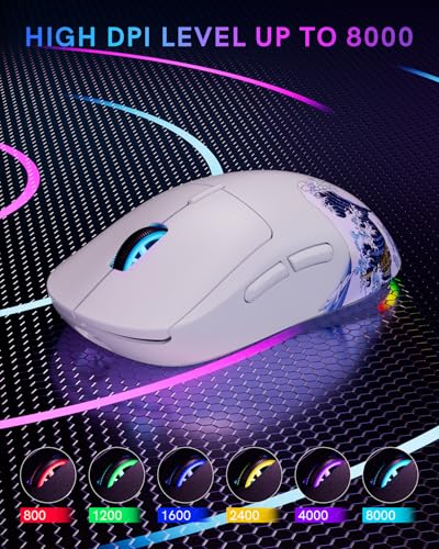G57 Wireless Gaming Mouse, 8000 DPI, 80g, 2.4G/Bluetooth/USB-C Rechargeable Wireless Mouse with 5 Programmable Buttons for PC/Mac, White - color: White