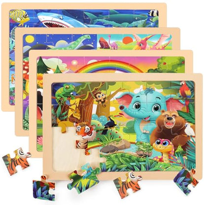 4 Packs 24 PCs Wooden Puzzles for Kids Ages 3-5, Montessori Toddler Jigsaw Puzzles, Preschool Educational Toys Gifts for Children Ages 4-8, Puzzles Boards Toys Gifts Easter Basket Stuffers - style: Animal