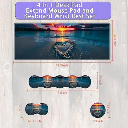 Large Gaming Mouse Pad Set with Wrist Support – 31.5" x 11.8" 4-in-1 XXL Mousepad with Keyboard Wrist Rest, Mouse Wrist Rest & Coaster – Ergonomic Desk Mat for Office, Home – Sunset Love Heart - color: Sunset Love Heart