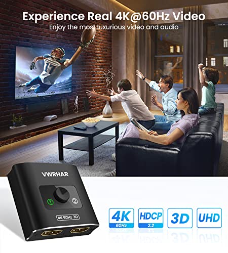 HDMI Switch Splitter 4K@60hz, Aluminum HDMI 2.0 Switcher 2 in 1 Out, HDMI Splitter 1 in 2 Out, Bi-Directional Switch Support 4K 3D HDR for Xbox PS5/4/3 Blu-Ray Player Fire Stick Roku HDTV