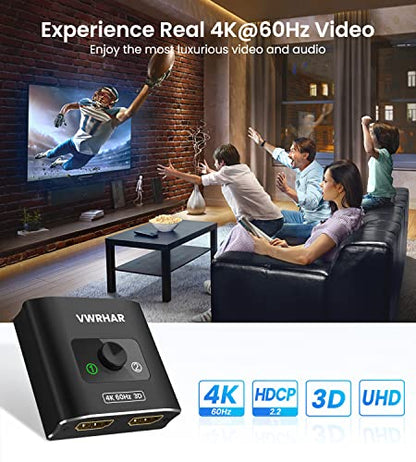 HDMI Switch Splitter 4K@60hz, Aluminum HDMI 2.0 Switcher 2 in 1 Out, HDMI Splitter 1 in 2 Out, Bi-Directional Switch Support 4K 3D HDR for Xbox PS5/4/3 Blu-Ray Player Fire Stick Roku HDTV