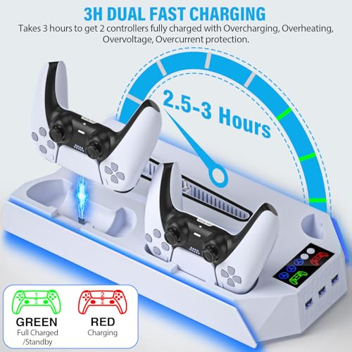 Slim Cooling Station Stand LED with Dual Controller Charging Station for PlayStation 5 Console, PS 5 Accessories Incl. Controller Charger, Cooling Fan, Headset Holder, 3 USB Hub- LED White - color: RGB WHITE