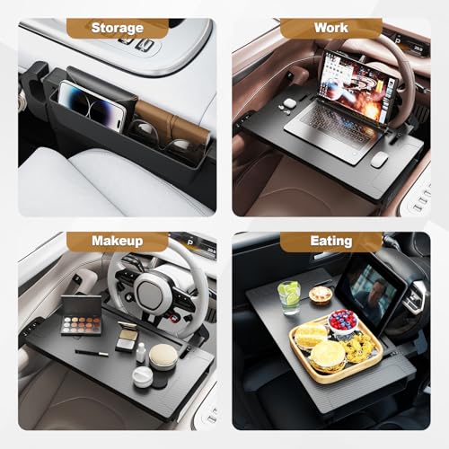 2-in-1 Car Steering Wheel Desk Tray,Adjustable Car Table for Laptop | Car Food Tray for Standard Round Steering Wheels,Car Seat Gap Filling Organizer,Foldable Carbon Fiber Look Table for Working