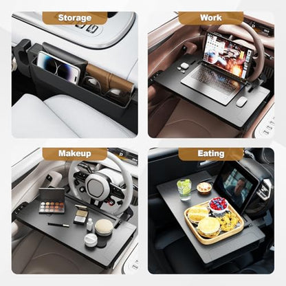 2-in-1 Car Steering Wheel Desk Tray,Adjustable Car Table for Laptop | Car Food Tray for Standard Round Steering Wheels,Car Seat Gap Filling Organizer,Foldable Carbon Fiber Look Table for Working