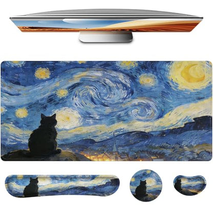 Mouse Pad Set Large Desk,Keyboard Mouse Pad Anime Mousepad with Non-Slip Base and Stitched Edge Mouse Mat Desk Pad 35.4 x 15.7 Mouse Pads for Desk Home Office (Sky Cat) - color: Sky Cat