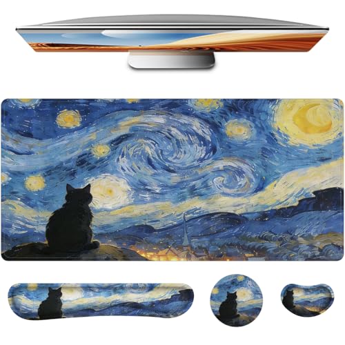Mouse Pad Set Large Desk,Keyboard Mouse Pad Anime Mousepad with Non-Slip Base and Stitched Edge Mouse Mat Desk Pad 35.4 x 15.7 Mouse Pads for Desk Home Office (Sky Cat) - color: Sky Cat