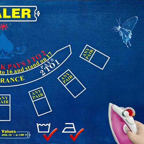 2-in-1 Casino Night Poker Mat, 36"x72" Double-Sided Texas Hold'em & Blackjack Felt Table Cover, Non-Slip Steel Clamps Included, Perfect for Game Night, Home & Casino Parties - color: Blue