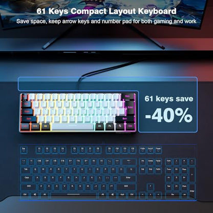 Snpurdiri 60% Wired Gaming Keyboard, 61 Keys RGB Backlit Ultra-Compact Small Gaming Keyboard, for PC/Mac Gamer, Typist, Travel, Easy to Carry on Business Trip(Black-White) - color: Black and White