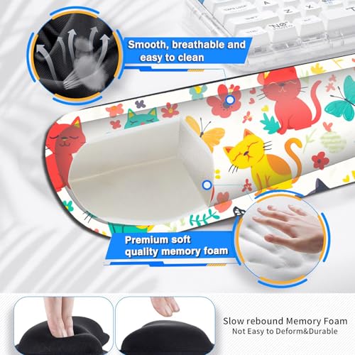 Large Gaming Mouse Pad+ Keyboard Wrist Rest Set, Ergonomics Memory Foam Mouse Mat Wrist Rest Support for Home Office, Waterproof Extended Mousepad 31.5x11.8in, Cute Cartoon Cats White Desk Pad - color: Yvb-mousepad-9-f-162