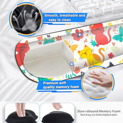 Large Gaming Mouse Pad+ Keyboard Wrist Rest Set, Ergonomics Memory Foam Mouse Mat Wrist Rest Support for Home Office, Waterproof Extended Mousepad 31.5x11.8in, Cute Cartoon Cats White Desk Pad - color: Yvb-mousepad-9-f-162