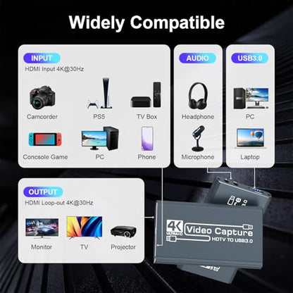 4k HDMI Capture Card for Streaming, Full HD 1080P 60FPS Capture USB 3.0 Game Audio Video Capture Card,for PS4/PS5/Xbox/Switch/OBS/Camera/PC/Laptop/Mac Plug and Play