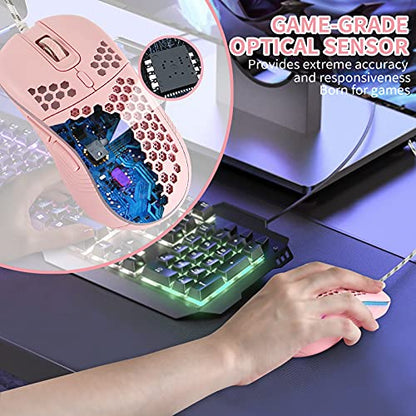 Techsea Honeycomb Wired Gaming Mouse with RGB On/Off Switch, 7200 Adjustable DPI, Ergonomic Lightweight Design & High Precision Sensor for PC/Mac Gamers (Pink) - color: Pink