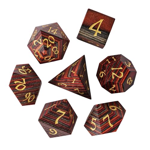 Wood DND Dice Set Orange Striped Wood Dice Set for D&D Tabletop Game | Iron Box, DM Gift, for Dungeons and Dragons Role Playing Games - color: Red Orange Grey Striped