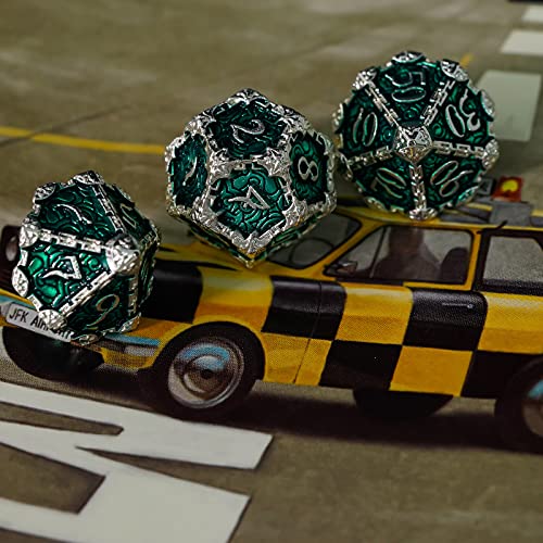Cusdie 7 Pcs Metal Dice with Metal Box, Dagger Design Polyhedral DND Dice Set, for Role Playing Game D&D Dice (Silver Green) - color: Silver Green