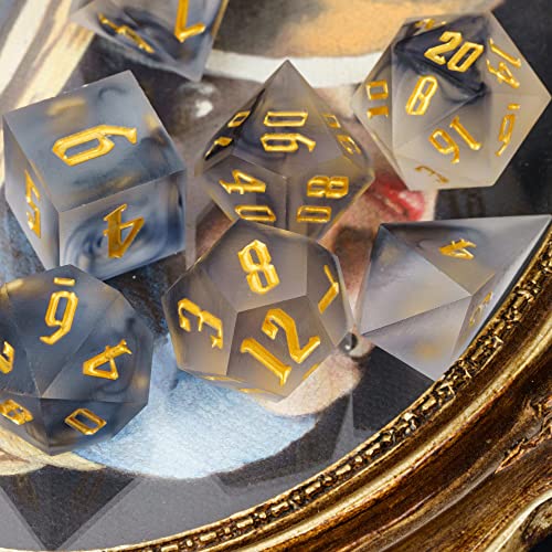 Cusdie Frosted Dice Sharp Edges DND Dice, 7 PCs D&D Dice, Handcrafted Polyhedral Dice Set, for Role Playing Game(Black) - color: Frosted-black Swirl