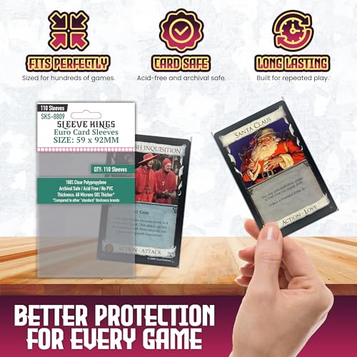 Sleeve Kings Standard Card Sleeves – 110 Count, Clear 60 Micron Thickness, Medium Euro Size (59 x 92 mm), Compatible with Dominion & More – SKU: SKS-8809 - size: 59 x 92 mm, style: Euro