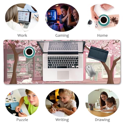 LIMKRIAN Cat Mouse Pad, Large Desk Mat, 31.5 x 11.8 in Pink Cherry Blossom | Stitched Edges, Non-Slip, Keyboard Mouse Pad, Computer Mouse Pads for Desktop, Cute Office Desk Accessories for Women - color: Japanese Dessert House