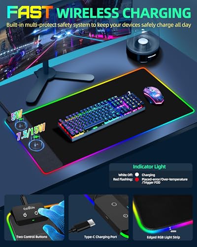 Wireless Charging Mouse Pad, RGB Gaming Desk Mat, 31.5"x15.7" | Large Desk Pad, 13 Light Modes, Ultra-Smooth Surface, Non-Slip Base, Waterproof Computer Keyboard Mat for PC, Laptop, Black - color: Black