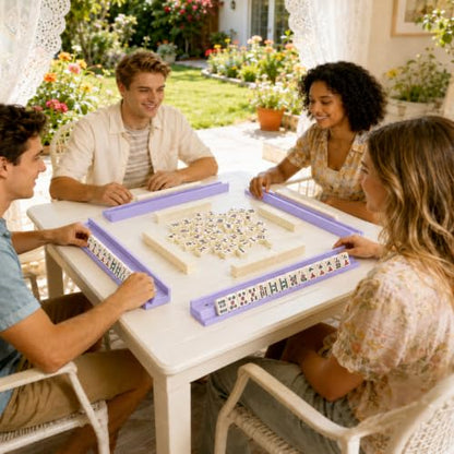 5Pcs Mahjong Racks with Pushers Wooden American Mahjong Tile Pushers and Racks Set with Mah Jong Rack Drawstring Bag Mah Jong Accessories for Players Gifts Home Game Night Party Supplies (Lilac) - color: Lilac