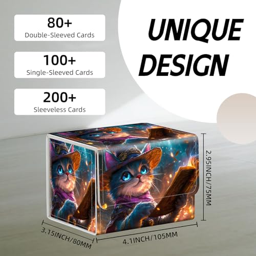 Trading Card Storage Box, Holds 100+ for MTG Cards, PU Leather with Magnetic Closure, Blue Mage Cat Reading Enchanted Tome Durable Deck Box for Magic the Gathering, Trading Card Games - color: Blue Mage Cat Reading Enchanted Tome