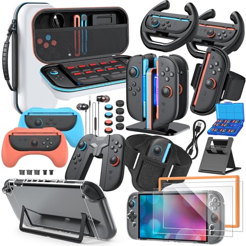 Switch 2 Accessories Bundle, 30-in-1 Kit for Nintendo Switch 2, White | Carrying Case, Controller Charger Dock, Grips for JoyCon, Steering Wheels, Wrist &Leg Strap, Switch 2 Console Protective Case - color: White (30Pcs)