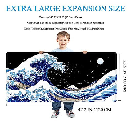 Gaming Laptop Mouse Pad,Sea Wave Big Mice Pads PC Keyboard Waterproof and Non-Slip 47.2" x 23.6" 0.15" Thick XL,XXL Rubber Table Mat, Kanagawa Surfing and Black Japanese Mouse Pads - color: A Kanagawa Surfing, size: 47.2" x 23.6"