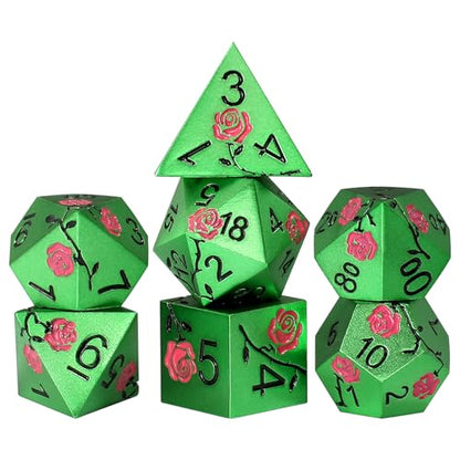 Rose Engraved Metal Dice Set 7PCS for DND RPG Tabletop Gaming | Solid zinc alloy build with 150g weight for balanced rolls(Green with Red Rose) - color: Green With Red Rose