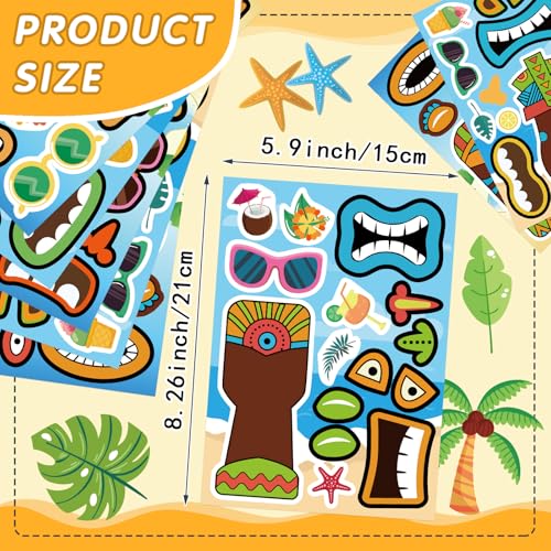 Summer Stickers, Make a Tiki Face Sticker, Tropical Hawaiian Stickers | 24 Sheets Make Your Own Tiki Sticker for Kids Summer Luau Party Favors Decoration - style: Tiki