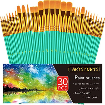 Paint Brushes Set, 30 Pcs Paint Brushes for Acrylic Painting, Oil Watercolor Acrylic Paint Brush, Artist Paintbrushes for Body Face Rock Canvas, Adult Drawing Arts Crafts Supplies, Green - color: Green,nickel