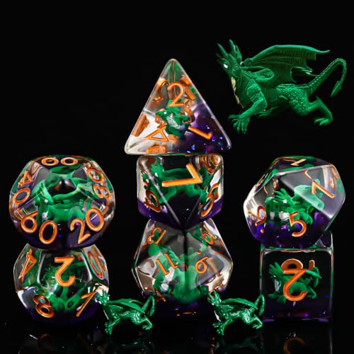 Resin D&D Dice Set, Dragon Polyhedral Dice for Dungeons and Dragons, RPG, MTG DND 7-DIE (D4, D6, D8, D10, D12, D20, D%) for Ages 15 and Up - color: Green Dragon