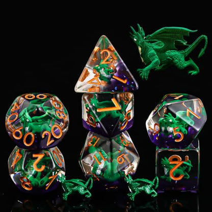 Resin D&D Dice Set, Dragon Polyhedral Dice for Dungeons and Dragons, RPG, MTG DND 7-DIE (D4, D6, D8, D10, D12, D20, D%) for Ages 15 and Up - color: Green Dragon