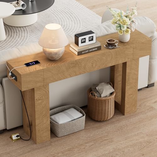 63 Inch Long Console Table w/Outlets & USB Ports, Narrow Rectangular Sofa Table Behind The Couch, Farmhouse Entryway Table for Entrance, Hallway, Living Room - color: Natural, style: With Socket