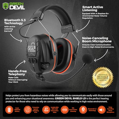 GREEN DEVIL Electronic Bluetooth Hearing Ear Protection Headphones With Boom Microphones 27dB Noise Cancelling Earmuffs - color: Orange