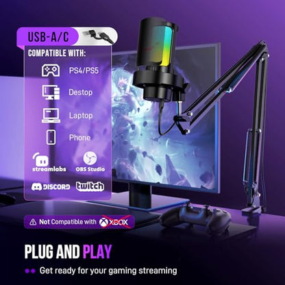 FIFINE AmpliGame A8T USB Gaming Microphone, PC Condenser Mic with Boom Arm | Quick Mute, Gain Knob, RGB Control, Headphone Jack, for PC/PS5 Streaming Discord Twitch Recording Podcasts YouTube, Metal - size: A8T-Boom Arm