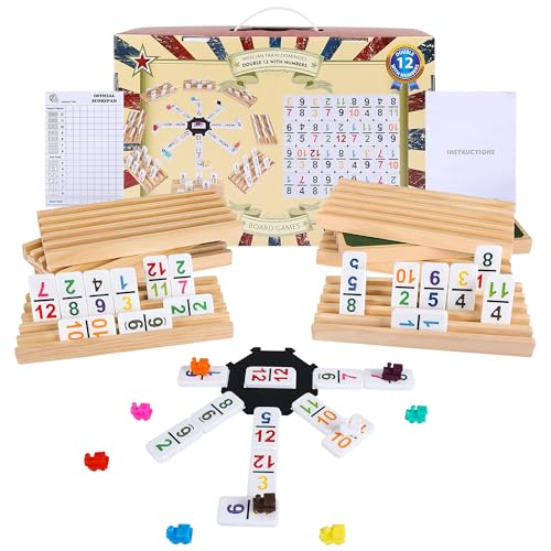 Mexican Train Dominoes Set Double 12 with Numbers, Dominoes Set for Adults and Family, Mexican Train Double 12 Numbers Dominos Set - 91 Tiles, 9 Trains, 8PCS Wooden Holders, Hub, Instruction - color: D12 Numbers 8 Holders