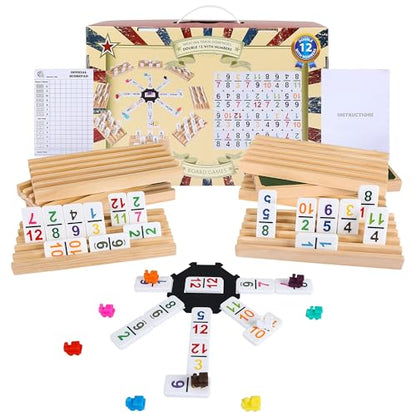 Mexican Train Dominoes Set Double 12 with Numbers, Dominoes Set for Adults and Family, Mexican Train Double 12 Numbers Dominos Set - 91 Tiles, 9 Trains, 8PCS Wooden Holders, Hub, Instruction - color: D12 Numbers 8 Holders