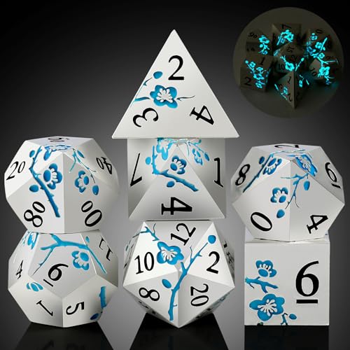 Glow in the Dark Flower Metal Dice, DNDND 7 PCS Blue Metallic D&D Dice Set with Gorgeous Gift Case for Dungeons and Dragon Tabletop Game (Glow in the Dark Blue) - color: Flower Glow Blue