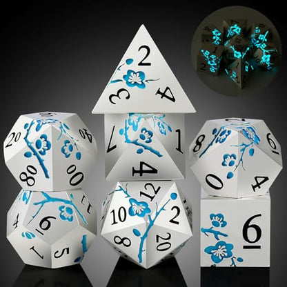 Glow in the Dark Flower Metal Dice, DNDND 7 PCS Blue Metallic D&D Dice Set with Gorgeous Gift Case for Dungeons and Dragon Tabletop Game (Glow in the Dark Blue) - color: Flower Glow Blue