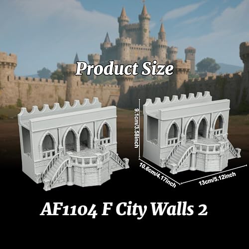 25mm Scale Unpainted RPG Building Straight Walls & Balcony, Modular Medieval Fortress Ramparts with Stairs -2-Piece TTRPG Terrain Set for Dungeon Masters & Wargame - City Walls 2 (AF1104 F) - color: Af1104 F City Walls 2