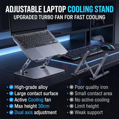 Laptop Cooling Stand with 12cm Turbo Fan, Ergonomic Dual-Axis Laptop Riser with 30cm Height Adjustment & 180° Rotation, 20KG Bearing Desk Stand for 11"-17" Laptops, Tablets, Gaming & Work (Silver)