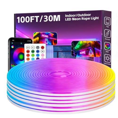 100FT RGB LED Neon Rope Lights, App & Remote Control, Flexible Waterproof IP65 Led Strip Lights, Music Sync Color Changing Multiple Modes Neon Lights for Bedroom Gaming Room Indoor & Outdoor Decor - size: 100FT