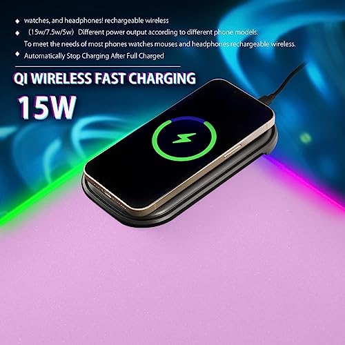 Lavender Magenta Wireless Charging RGB Gaming Mouse Pad 15W, LED Mouse Mat 31.5 x 11.8 Inch, 14 Light Modes Extra Large Mousepad Non-Slip Rubber Base Computer Keyboard Mat for Gaming, PC, Laptop, Desk - color: Lavender Magenta, size: XX-Large 31.5x11.8in