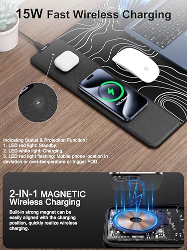 TopMade Mouse Pad with 15W Fast Wireless Charging, 31.5"x15.75" XXL Large Gaming Waterproof Desk Pad, Computer Desk Mat, Black Topographic Map #2 (Includes 20W PD Power Adapter & 6.56ft Woven Cable) - color: Black Topographic Map #2 With Adapter