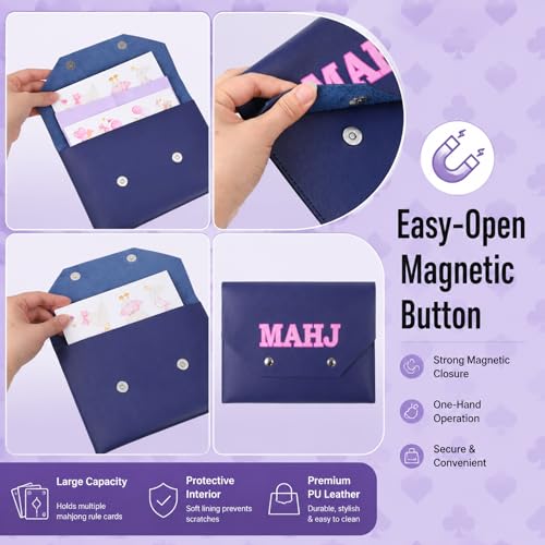 Gjinxi PU Leather Mahjong Card Holder Pouch for Cards, Mahjong Rule Card Cover Protective Clutch Case Accessories with Secure Closure for Lover Playing Game Night Party Travel Women Men Gift
