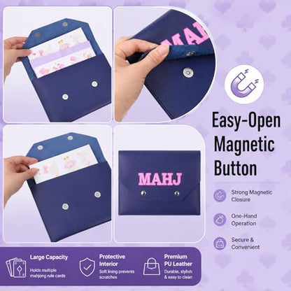 Gjinxi PU Leather Mahjong Card Holder Pouch for Cards, Mahjong Rule Card Cover Protective Clutch Case Accessories with Secure Closure for Lover Playing Game Night Party Travel Women Men Gift