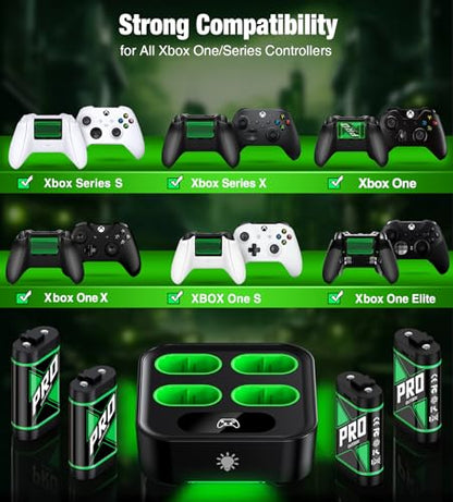 Upgraded Fast Charging Rechargeable Battery Packs with Light Control, 4x4080mWh Xbox Controller Batteries with Charger Dock for Xbox Series X|S, One S/X/Elite Controllers,Cases and Storage Sets - size: M (4080mWh)
